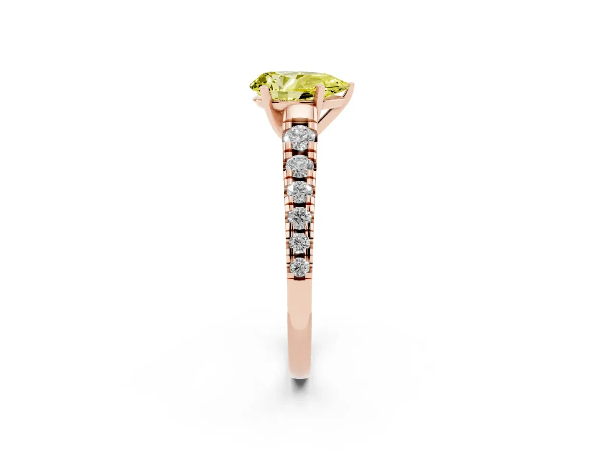 Fancy Yellow Pear Cut Diamond Cathedral Solitaire Ring with Round Pavé Band Rose gold