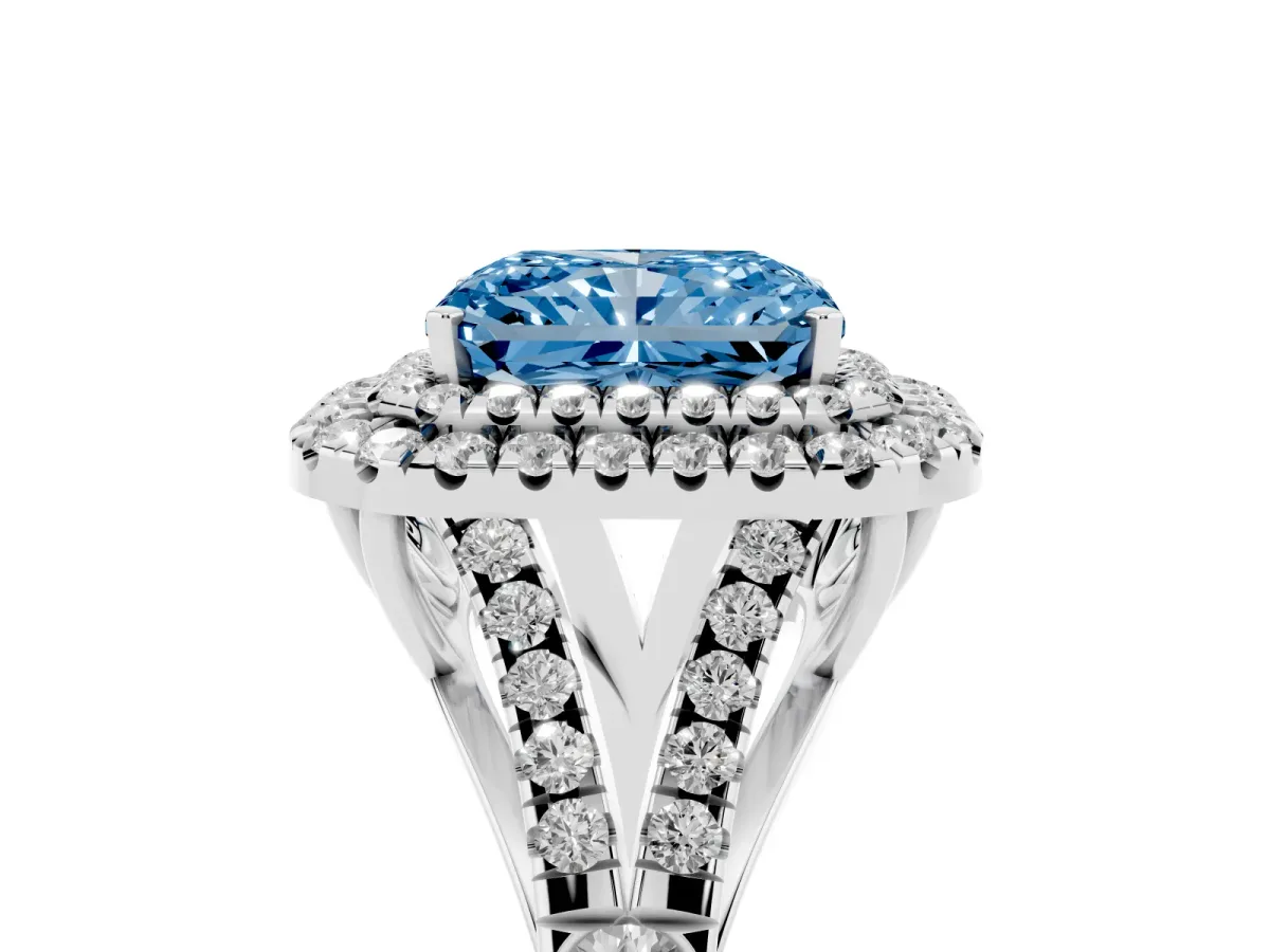 Fancy Blue Radiant Cut Cut Double Halo Split Shank Diamond Ring with Prong Setting White gold