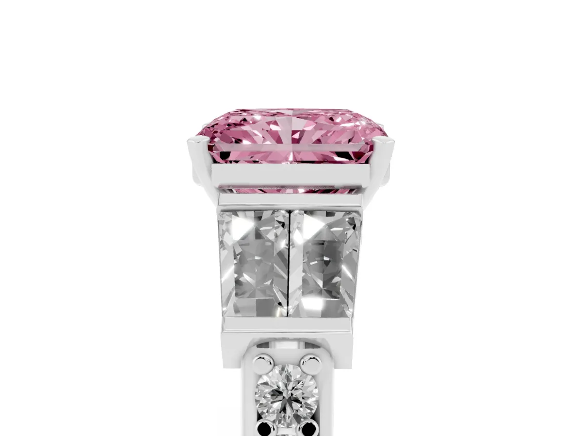 Fancy Pink Radiant Cut Diamond Engagement Ring with Baguette Side Stones and Channel Set Band Platinum