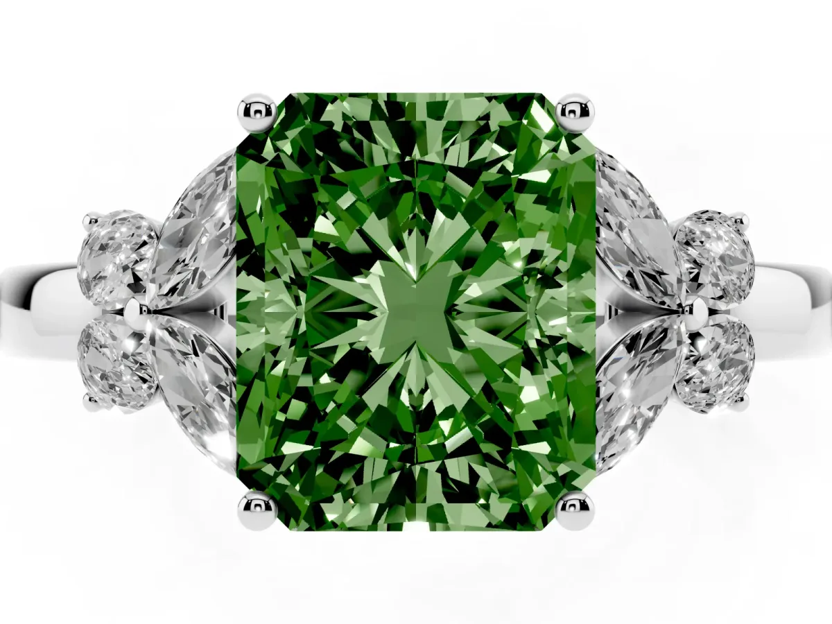 Fancy Green Radiant Cut Cut Solitaire Floral Diamond Ring with Four-Prong Setting Silver