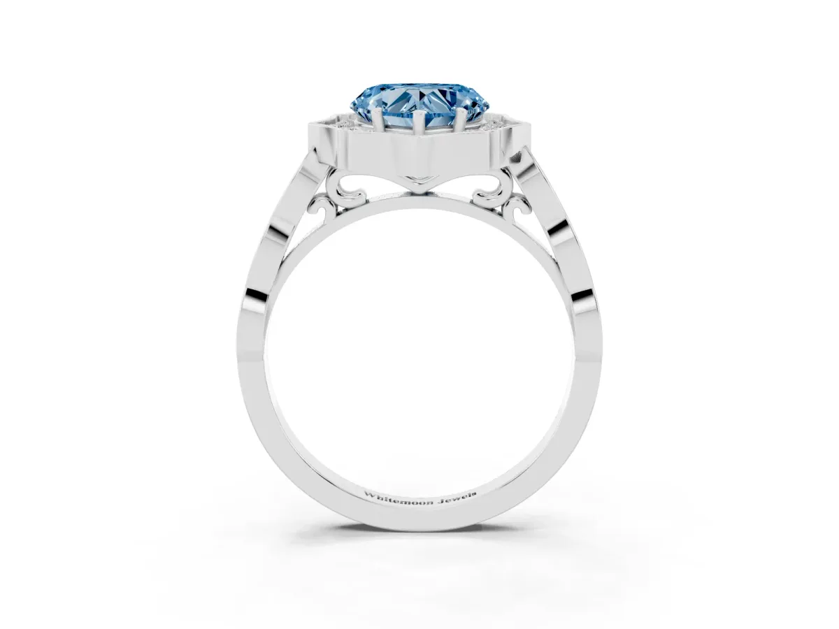 Fancy Blue Heart Cut Halo Diamond Engagement Ring with Milgrain Band and Four-Prong Setting White gold
