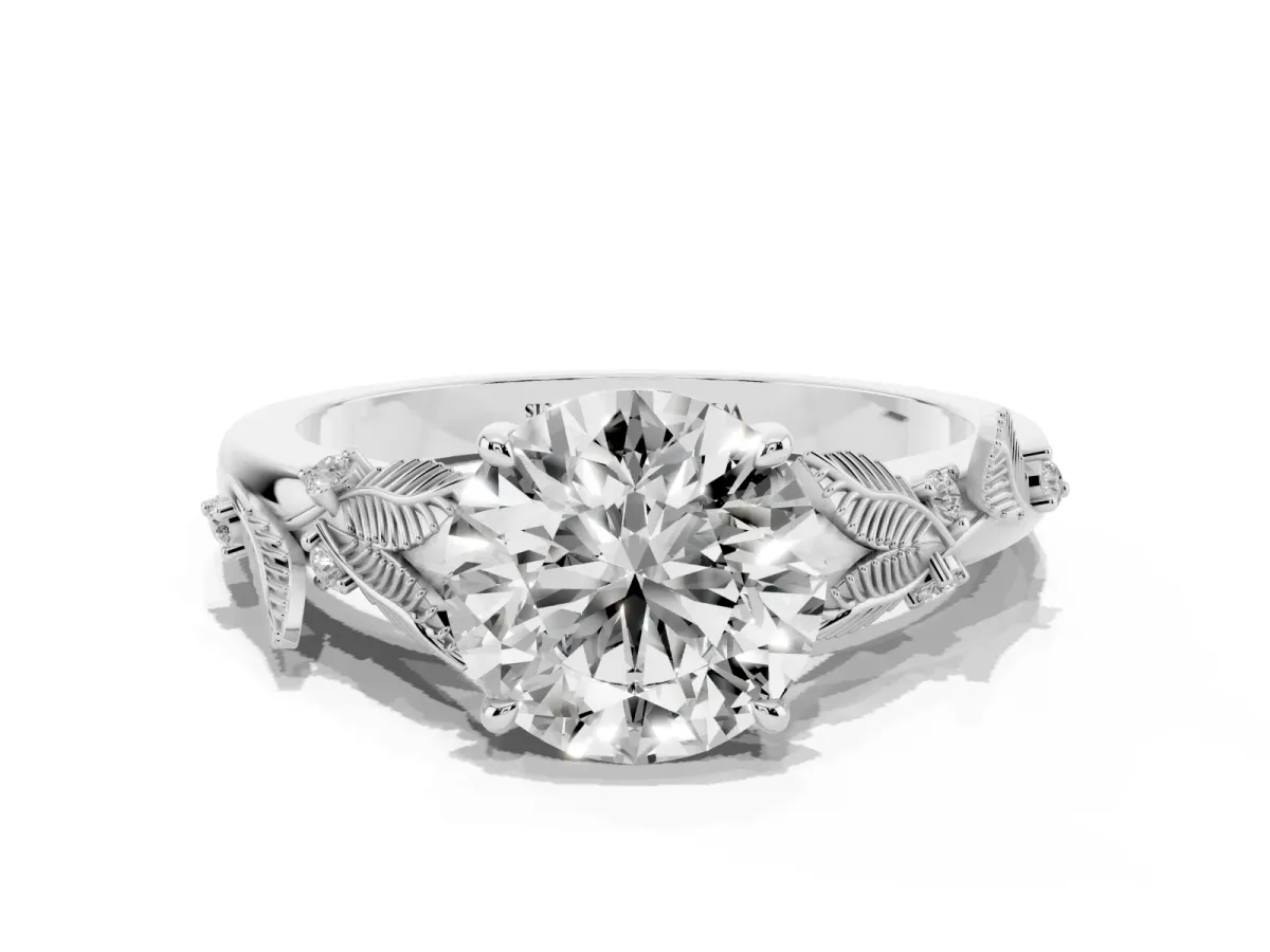 Round Cut Diamond Solitaire Ring with Leaf Motif Band and Four-Prong Setting Silver