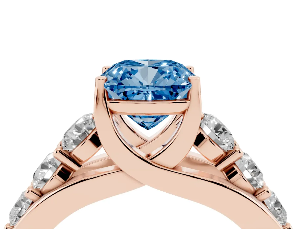 Fancy Blue Cushion Cut Diamond Engagement Ring with Pavé Band and Four-Prong Setting Rose gold