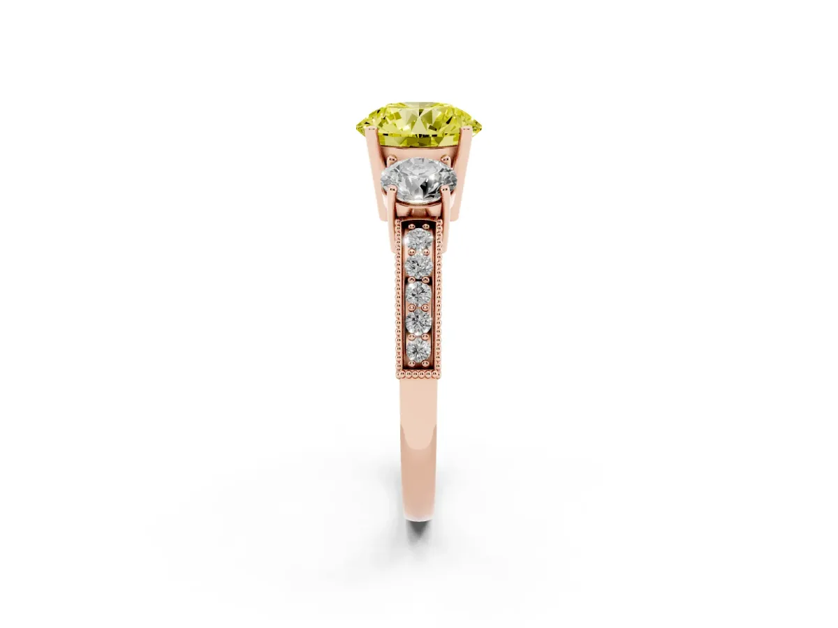Fancy Yellow Round Cut Three-Stone Diamond Ring with Pavé Band and Four-Prong Setting Rose gold