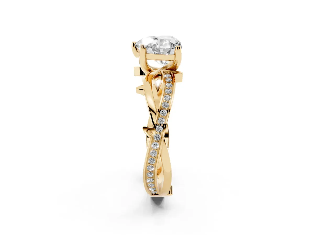 Heart Cut Solitaire Twist Band with Pavé Accents and Four-Prong Setting Yellow gold