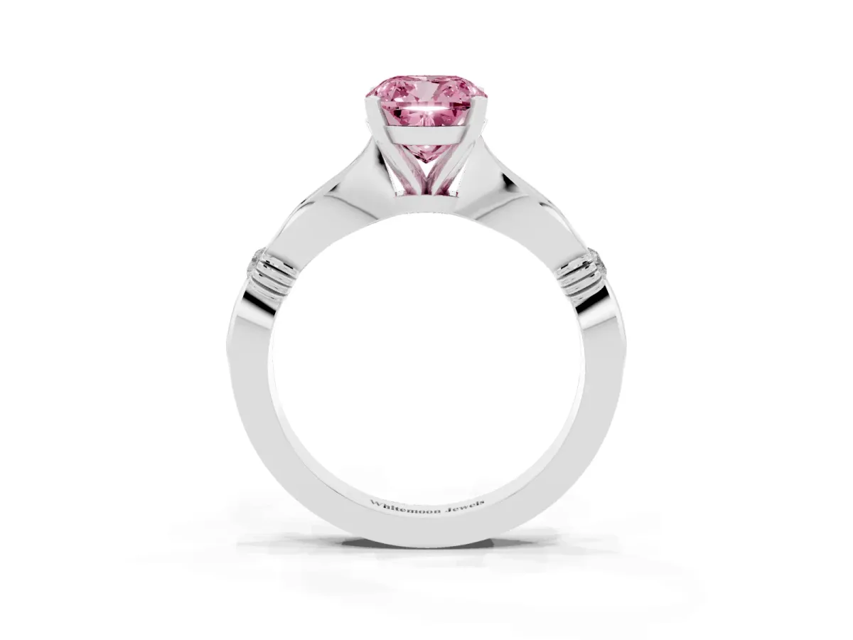 Fancy Pink Cushion Cut Solitaire Diamond Twisted Band with Four-Prong Setting Platinum
