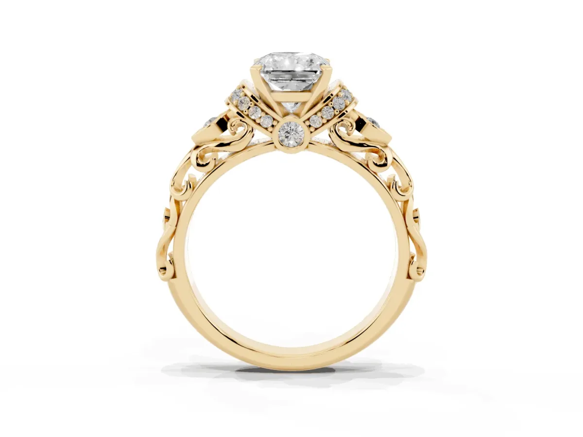 Radiant Cut Diamond Solitaire Ring with Filigree Band and Four-Prong Setting Yellow gold