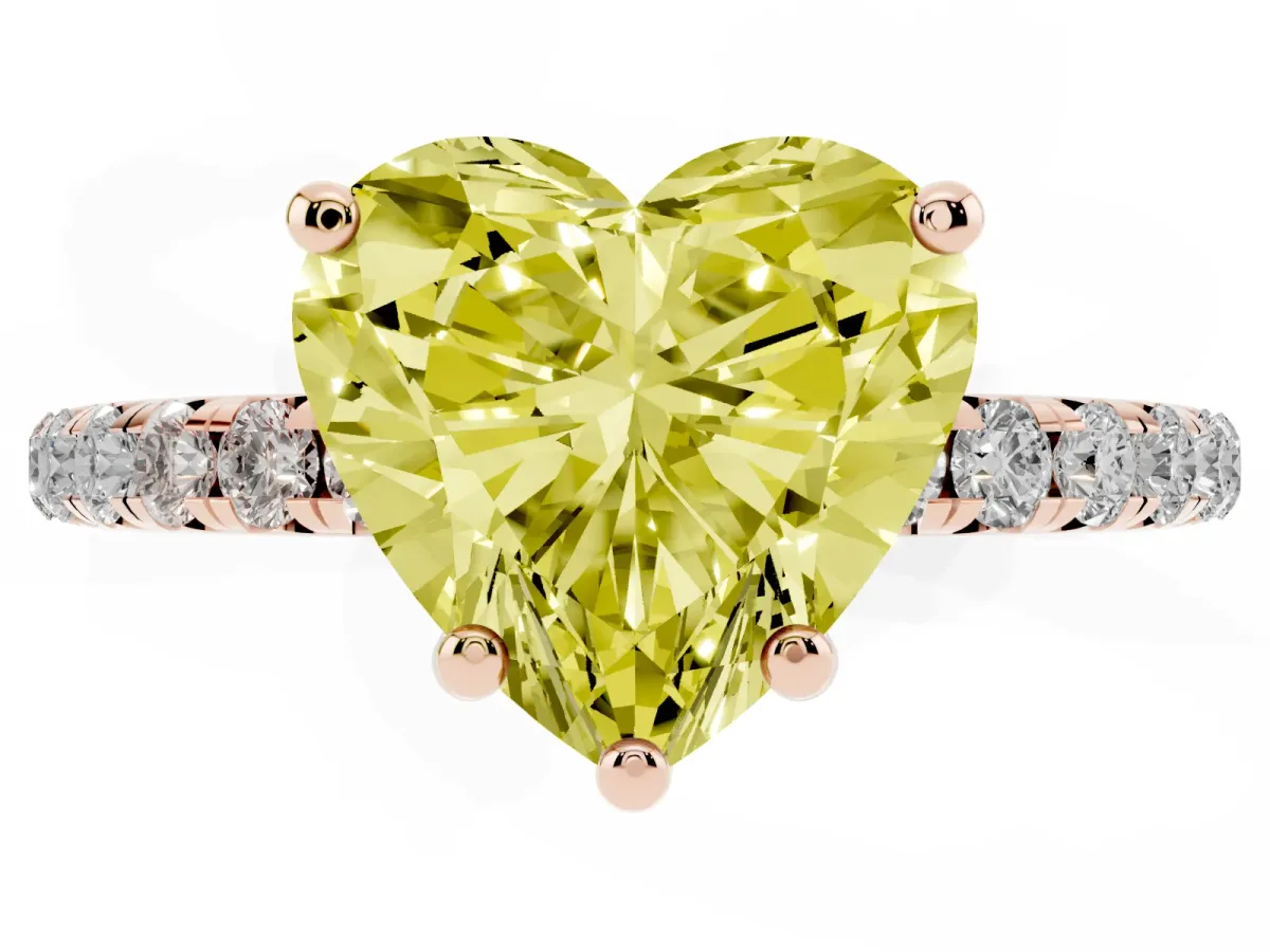 Fancy Yellow Heart Cut Cut Diamond Solitaire Ring with Micro Pave Band and Four Prong Setting Rose gold
