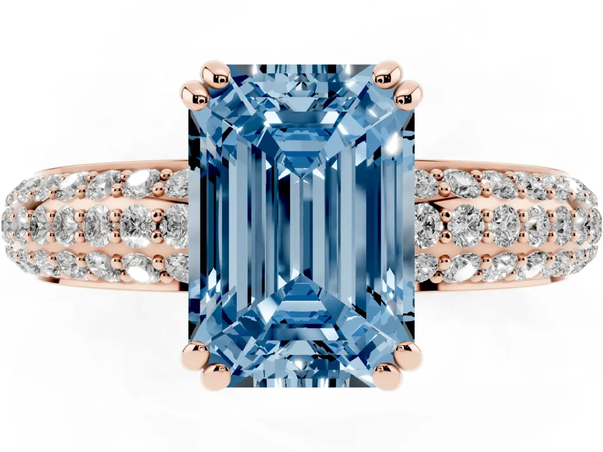 Fancy Blue Emerald Cut Diamond Solitaire Ring with Multi-Row Round Pavé Band and Prong Setting Rose gold