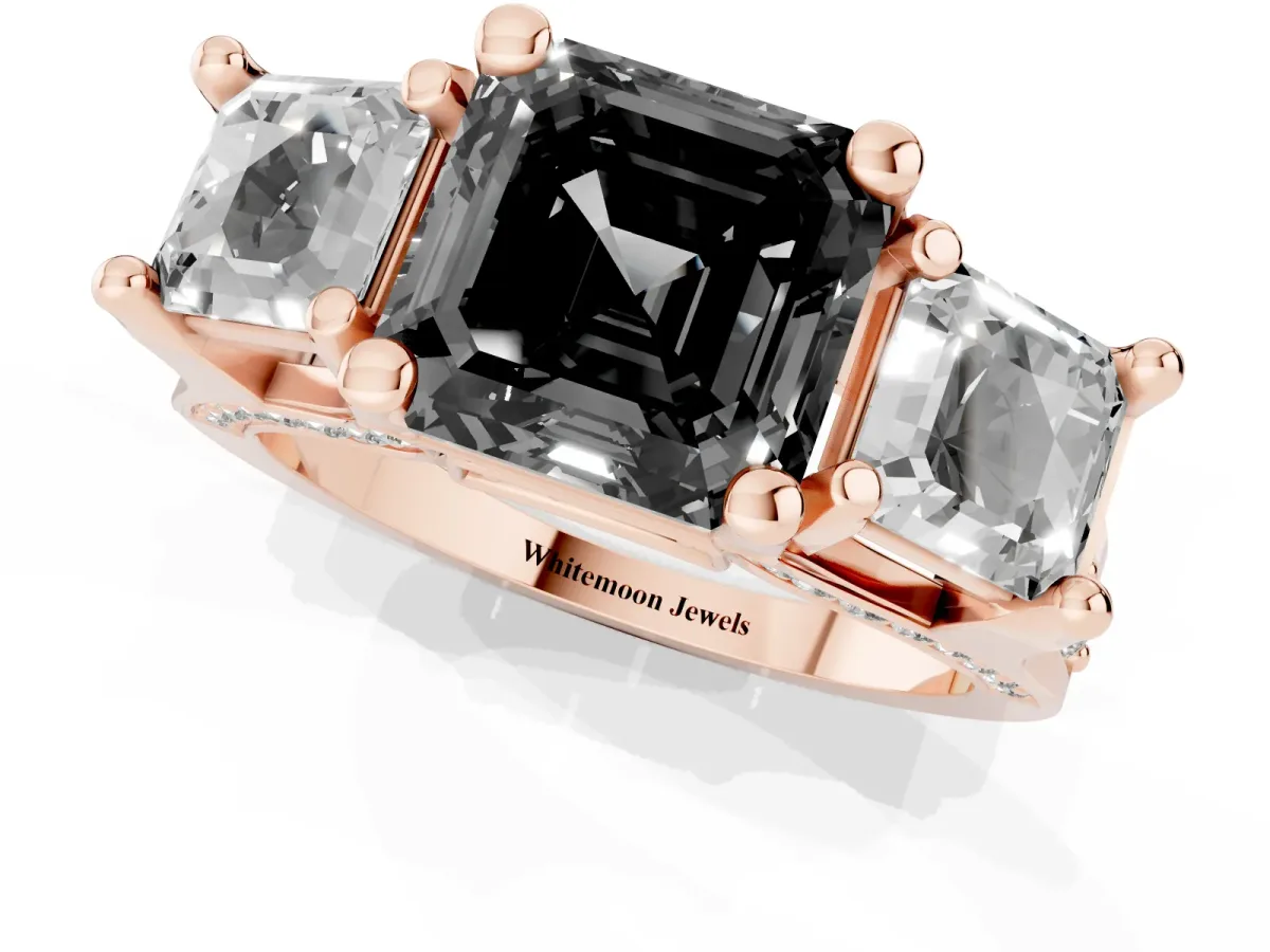Fancy Black Asscher Cut Diamond Three-Stone Ring with Channel Set Band and Four-Prong Setting Rose gold