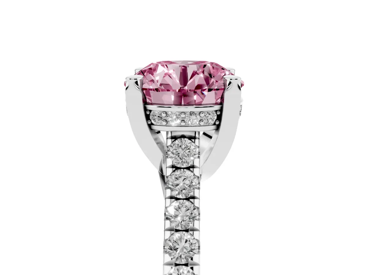 Fancy Pink Round Cut Brilliant Diamond Solitaire with Pavé Band and Four-Prong Setting White gold