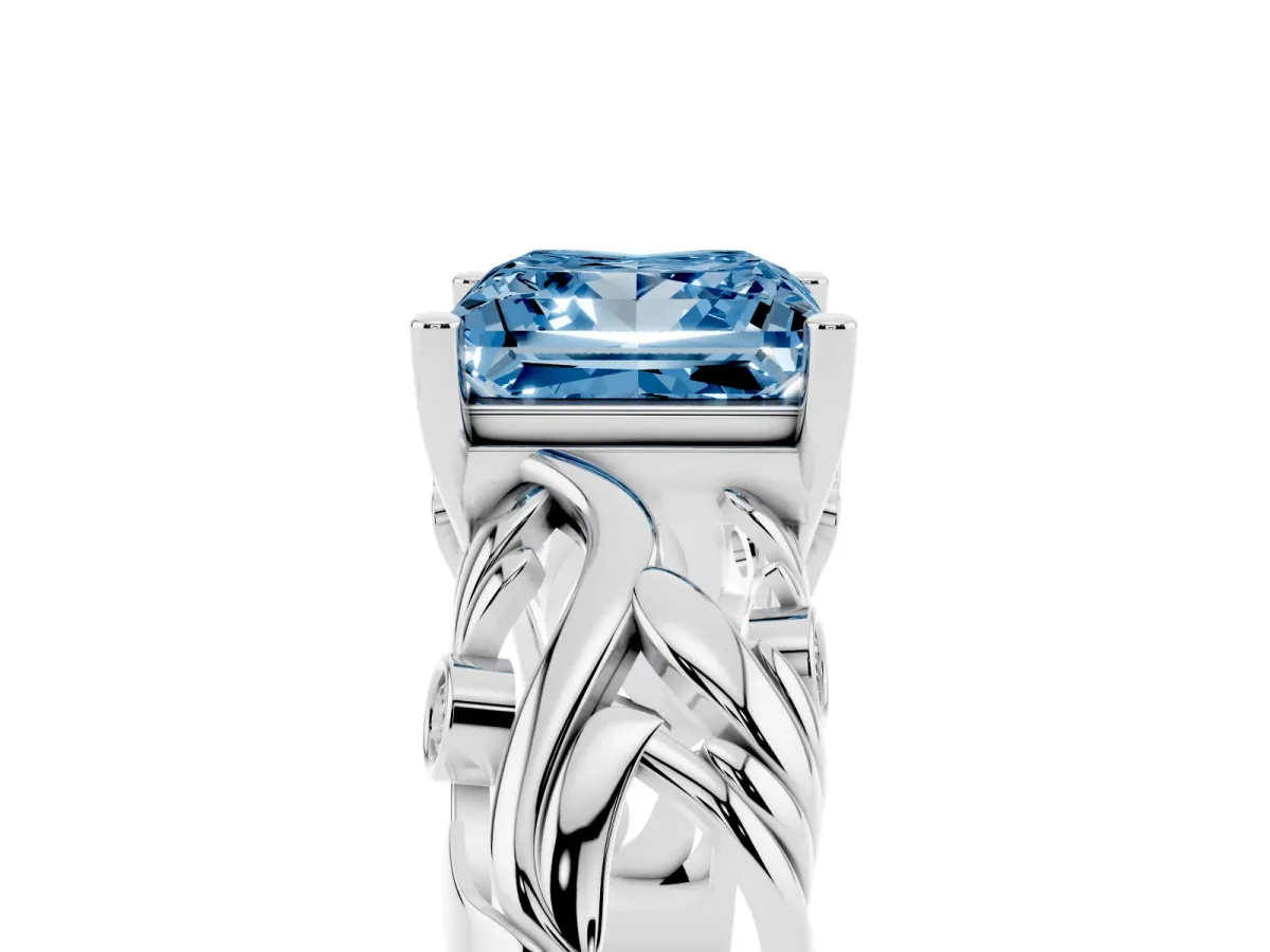Fancy Blue Princess Cut Solitaire Diamond Leaf-Inspired Vine Band Ring with Prong Setting Silver