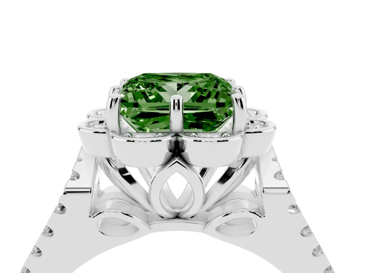Fancy Green Princess Cut Halo Diamond Floral Split Shank Engagement Ring Silver
