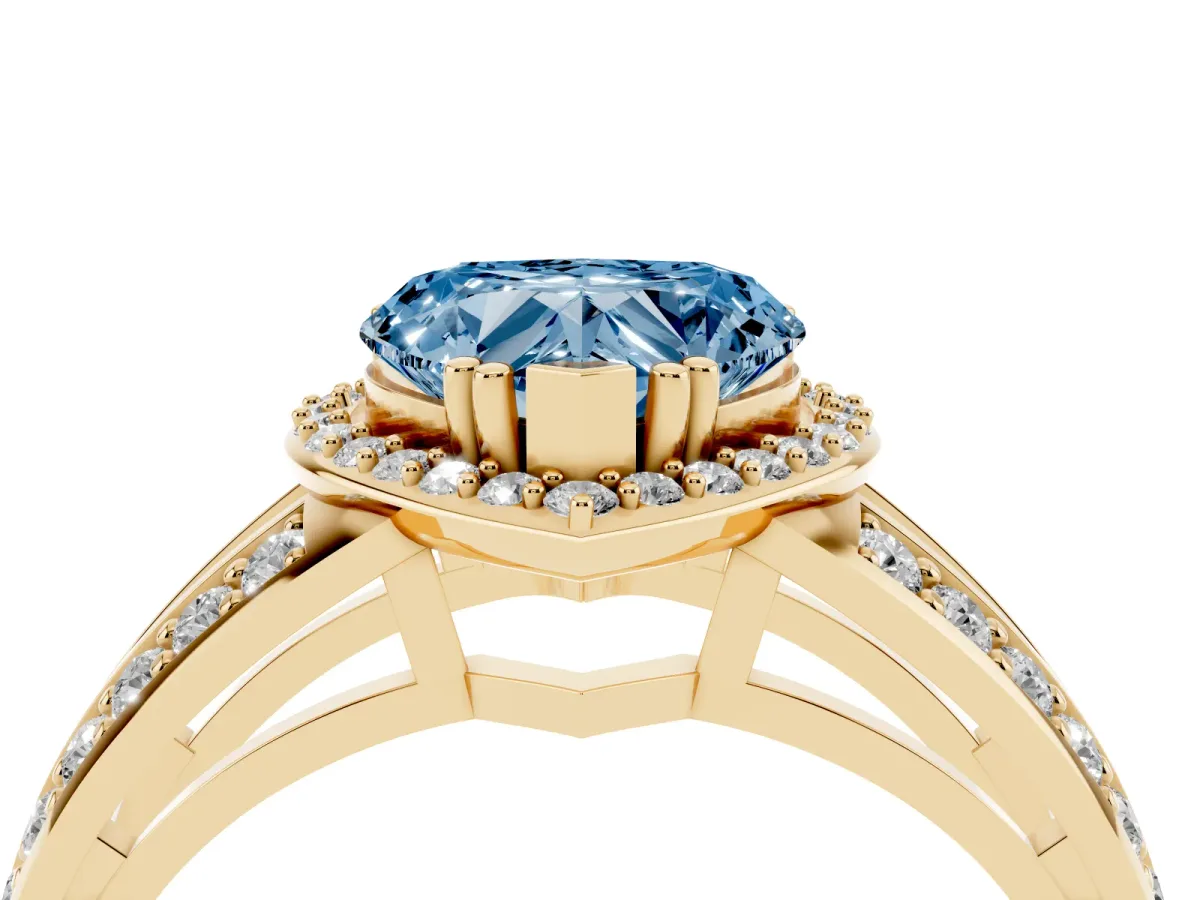 Fancy Blue Heart Cut Diamond Halo Ring with Split Shank Pavé Band and Four-Prong Setting Yellow gold