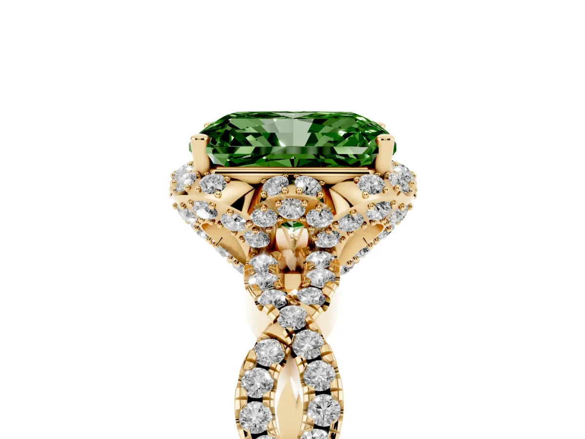 Fancy Green Radiant Cut Halo Twist Band Solitaire Ring with Six-Prong Setting Yellow gold