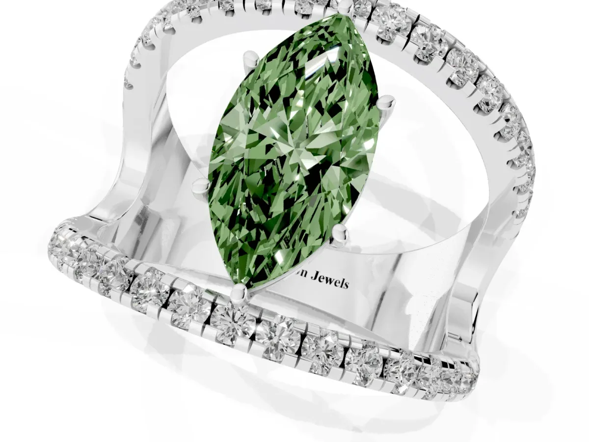 Fancy Green Marquise Cut Solitaire Split Shank Pave Diamond Ring Silver