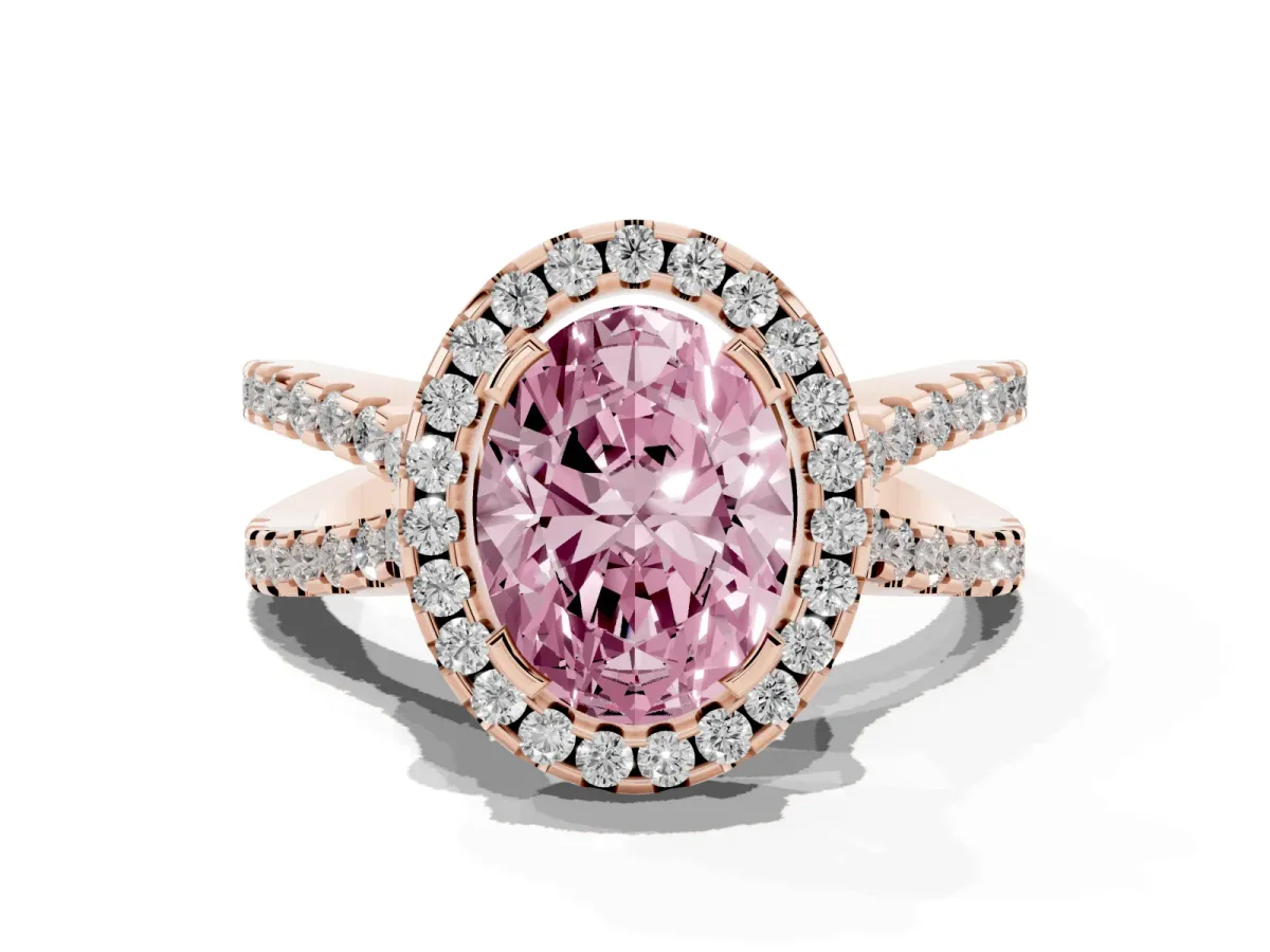 Fancy Pink Oval Cut Diamond Halo Ring with Split Shank Pavé Band and Prong Setting Rose gold