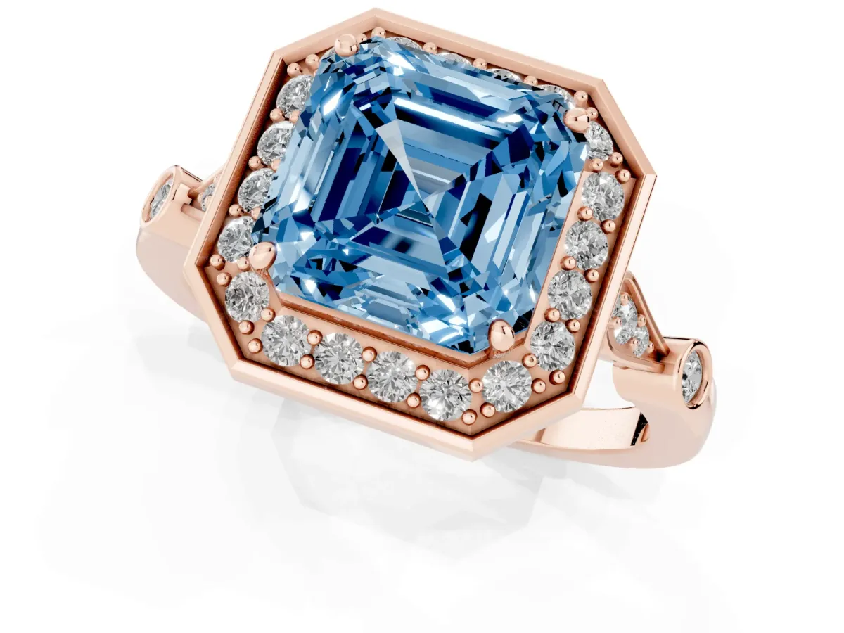Fancy Blue Asscher Cut Halo Diamond Engagement Ring with Twisted Band and Four-Prong Setting Rose gold