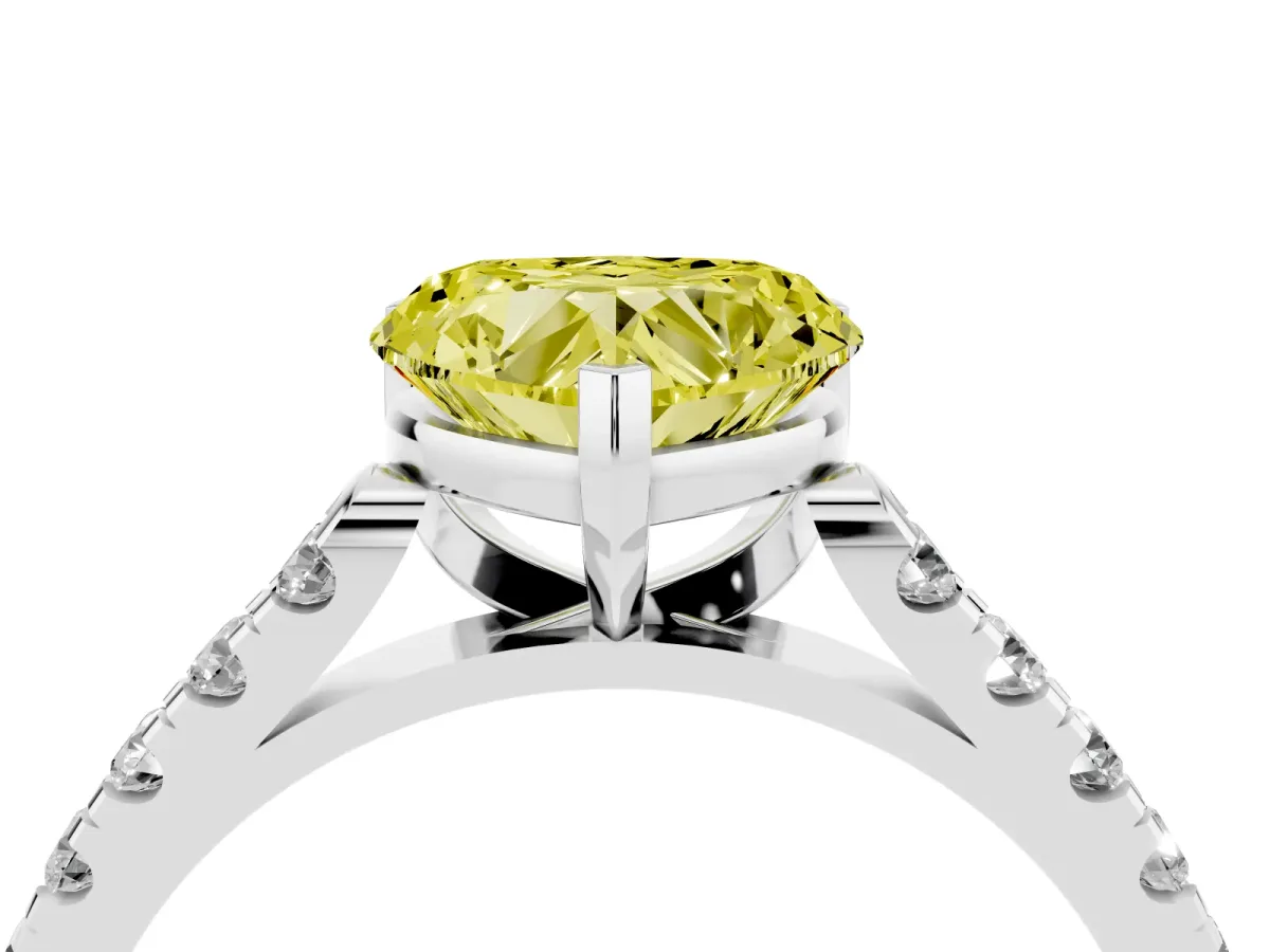 Fancy Yellow Heart Cut Diamond Pavé Band Solitaire Ring with Prong Setting Platinum