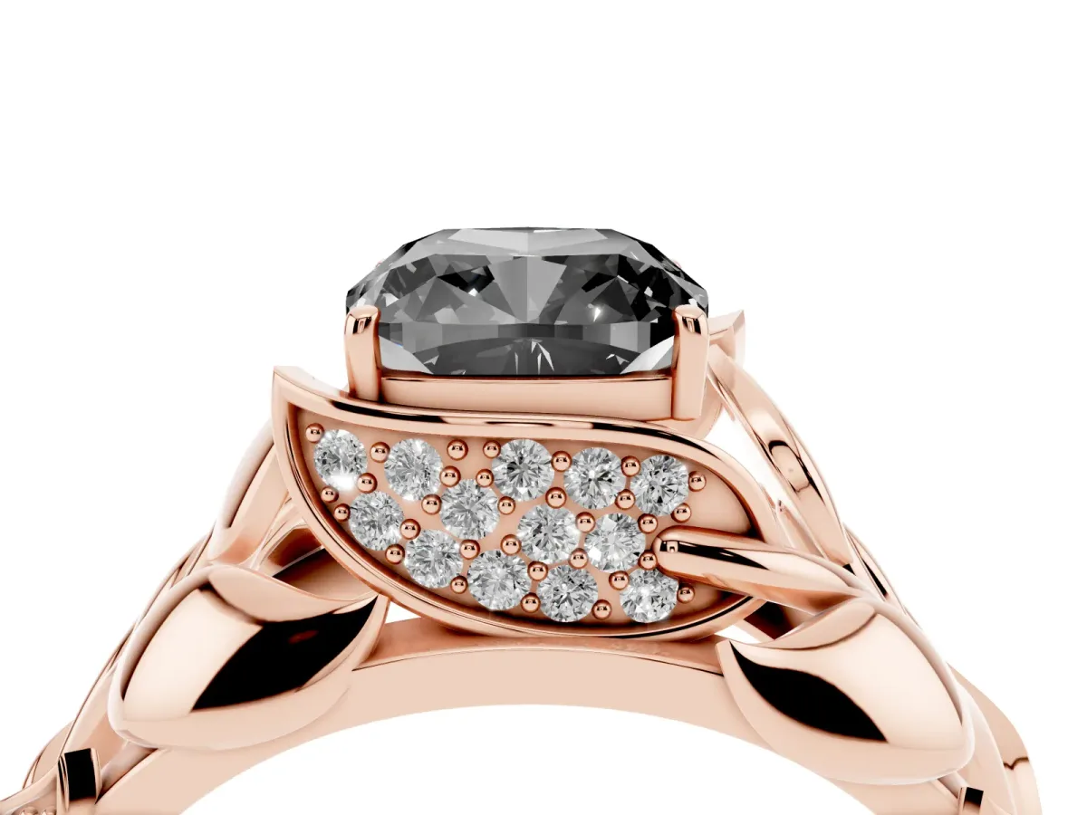 Fancy Black Cushion Cut Diamond Leaf-Inspired Engagement Ring with Round Accents and Prong Setting Rose gold