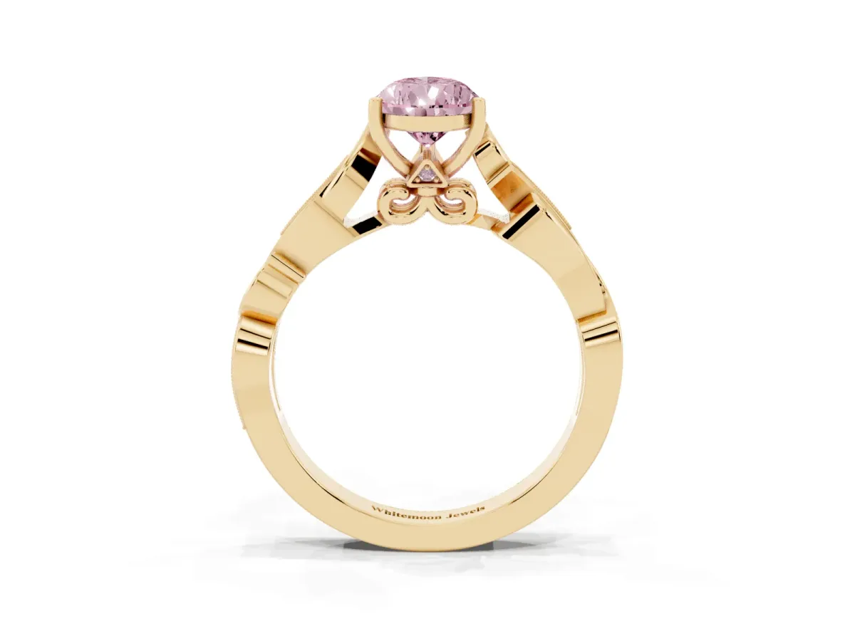 Fancy Pink Pear Cut Solitaire Vine Band with Milgrain Prong Setting Yellow gold