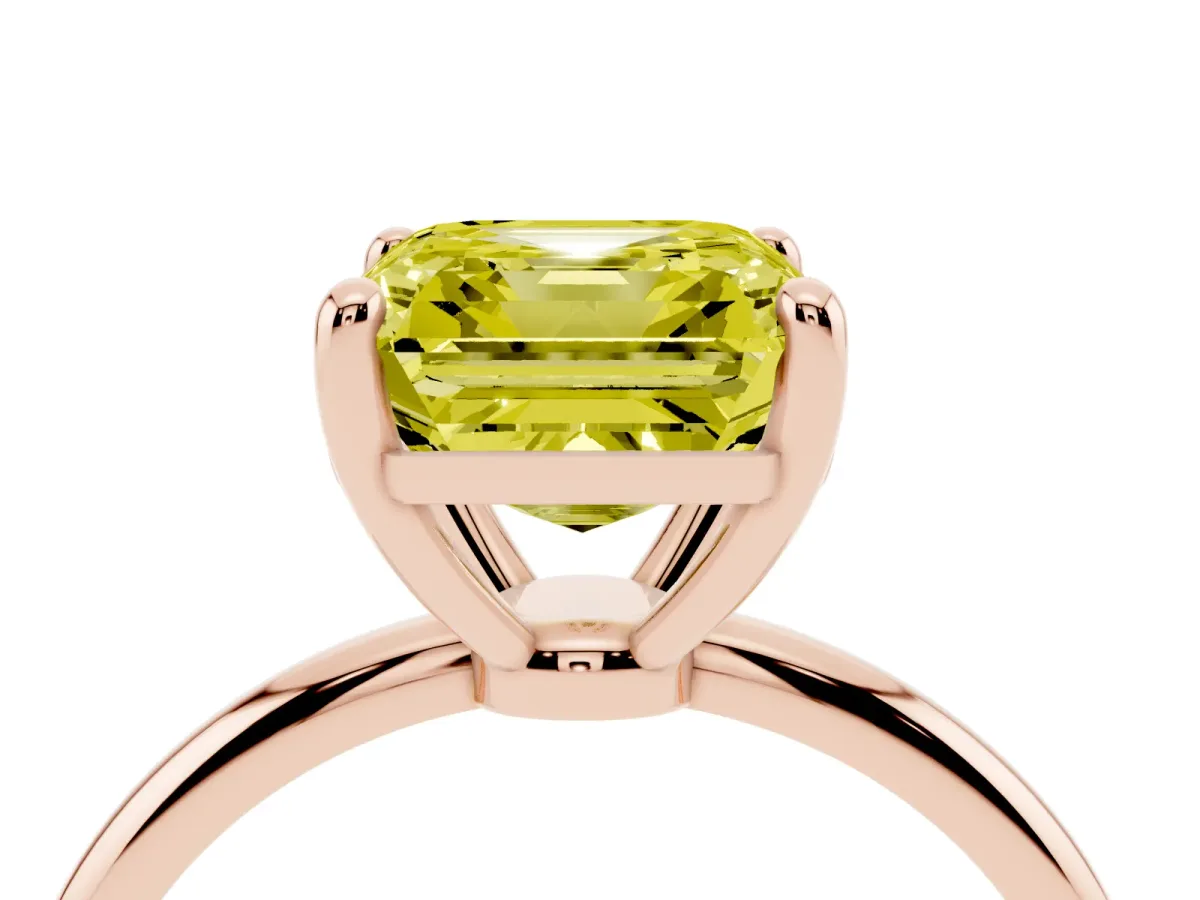 Fancy Yellow Asscher Cut Solitaire Diamond Ring with 4-Prong Setting on a Classic Band Rose gold