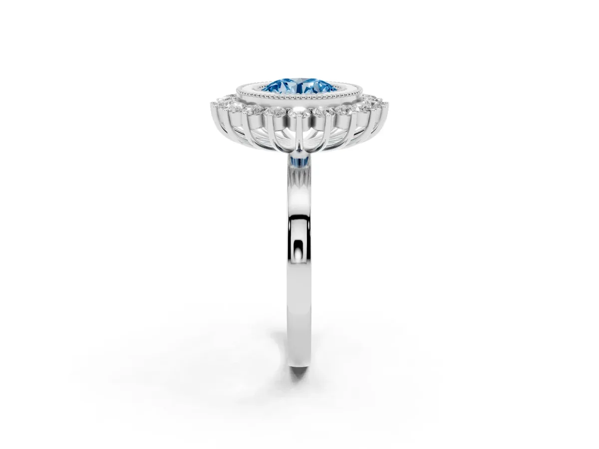 Fancy Blue Round Cut Halo Diamond Ring with Milgrain Edge and Round Prong Setting Silver