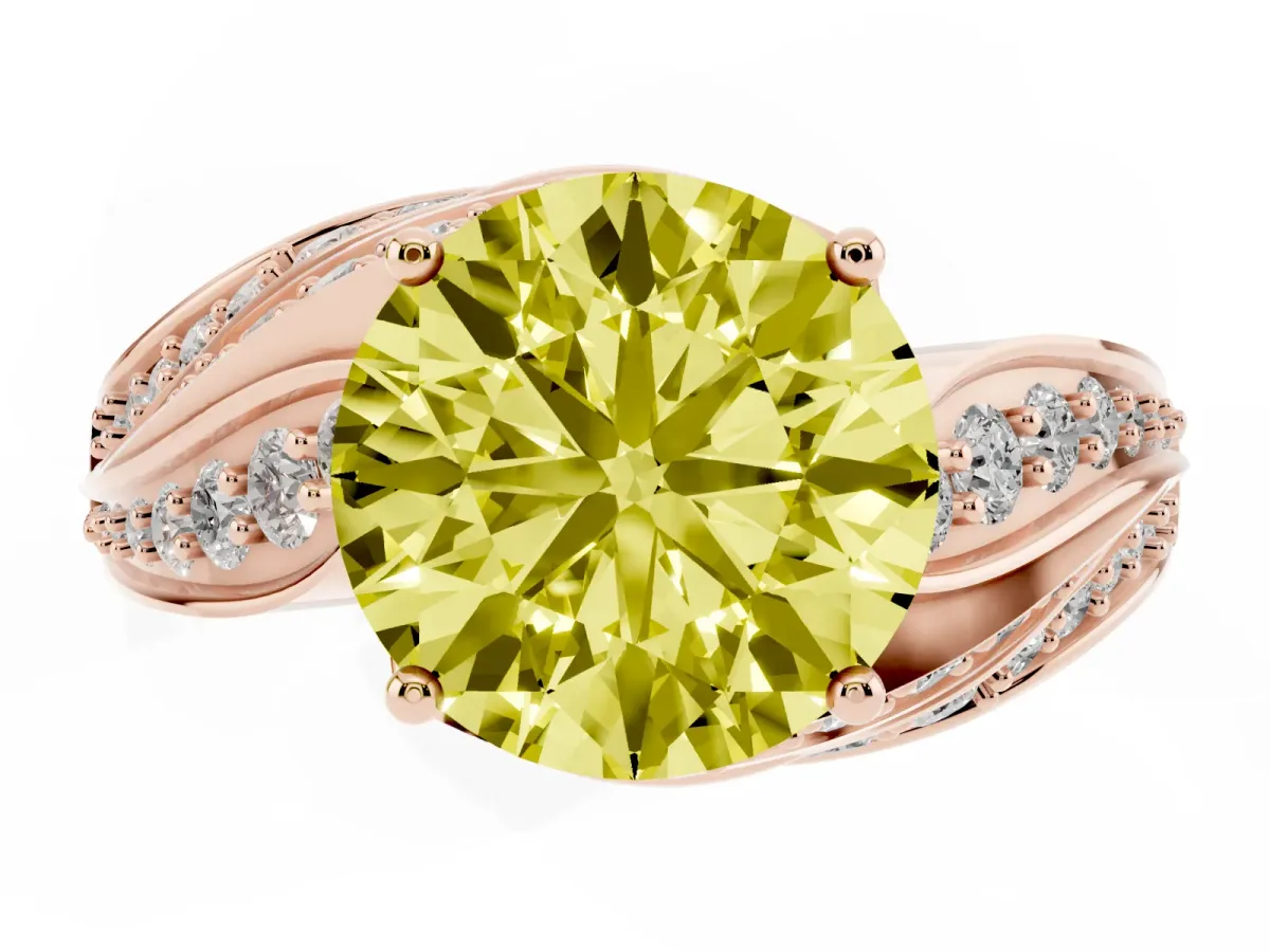 Fancy Yellow Round Cut Diamond Solitaire Ring with Prong Setting and Twisted Pavé Band Rose gold