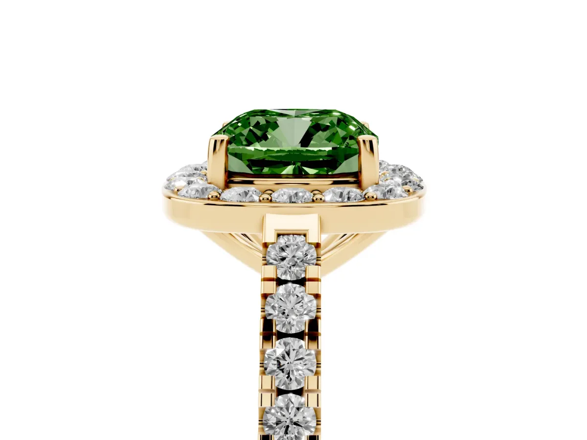 Fancy Green Cushion Cut Diamond Halo Ring with Round Pavé Split Shank and Prong Setting Yellow gold