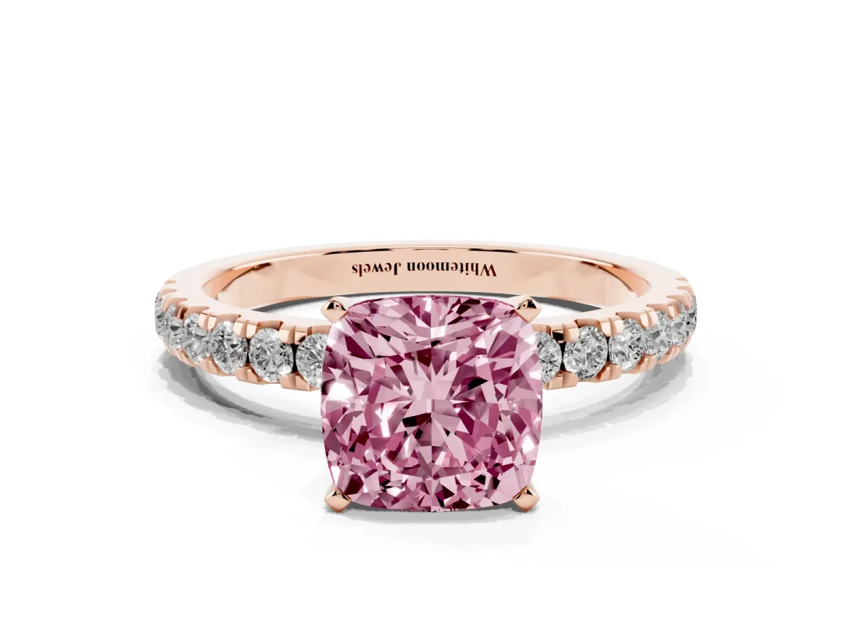 Fancy Pink Cushion Cut Diamond Solitaire Ring with Pavé Accents and Four-Prong Setting Rose gold