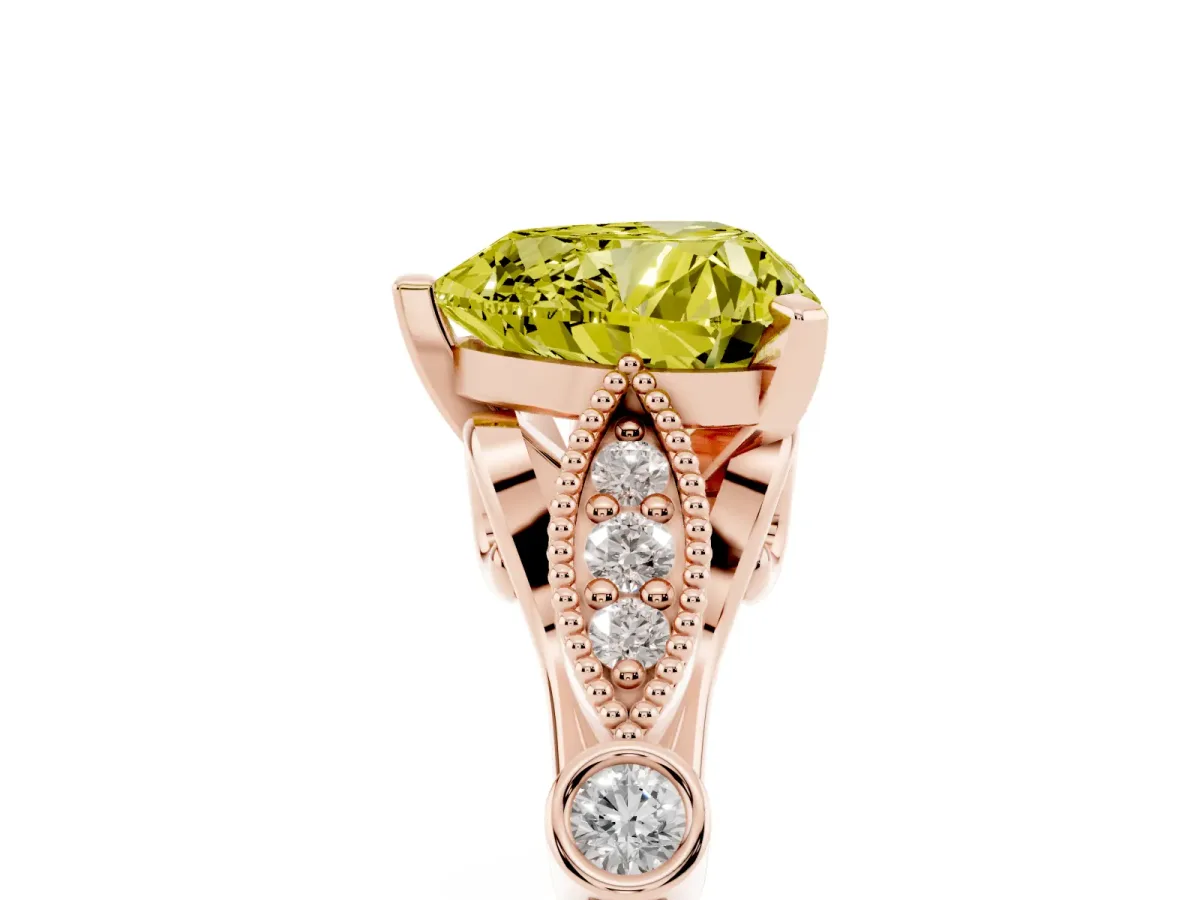 Fancy Yellow Heart Cut Cut Diamond with Milgrain Marquise and Bezel Accents on a Solitaire Band with Prong Setting Rose gold