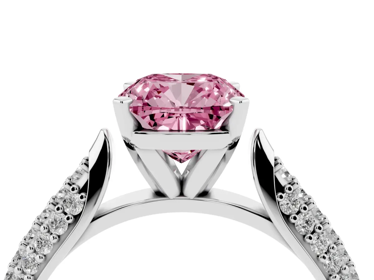 Fancy Pink Cushion Cut Diamond Solitaire Engagement Ring with Multi-Row Round Pavé Band and Prong Setting Silver