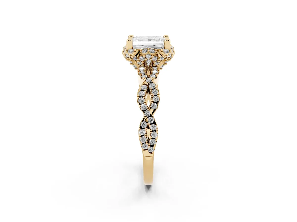 Princess Cut Halo Twist Band Solitaire Ring with Six-Prong Setting Yellow gold