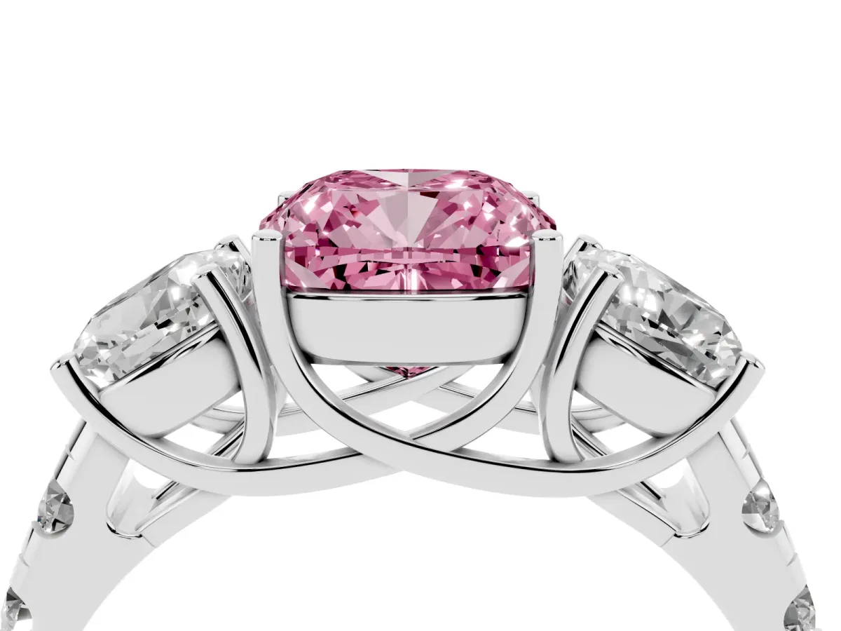 Fancy Pink Three-Stone Cushion Cut Diamond Pavé Band with Prong Setting Platinum