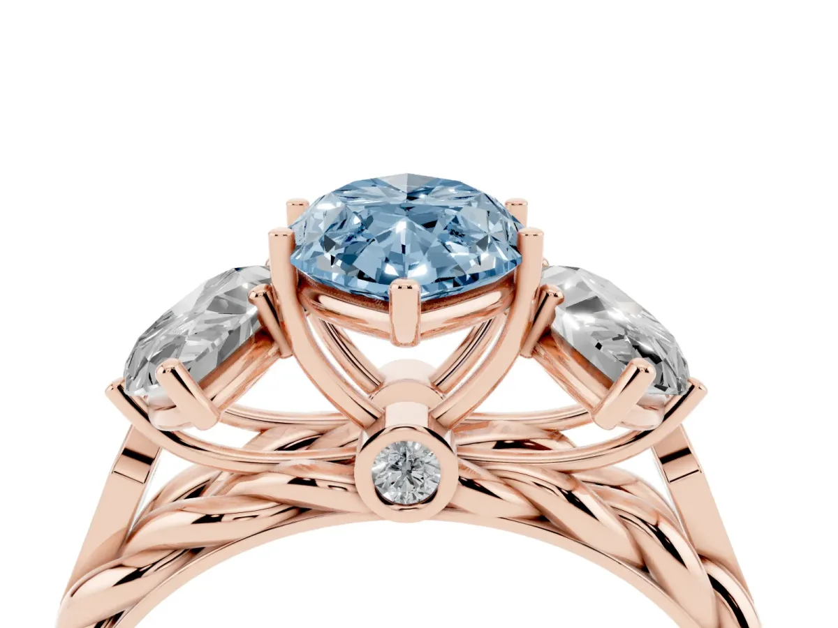 Fancy Blue Three-Stone Marquise Cut Diamond Braided Band Ring with Four-Prong Setting Rose gold