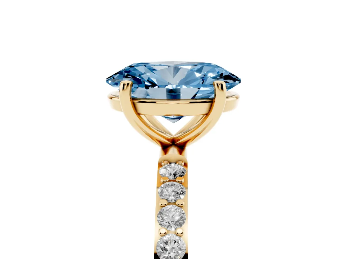 Fancy Blue Oval Cut Diamond Solitaire Ring with Round Pavé Shoulders and Prong Setting Yellow gold