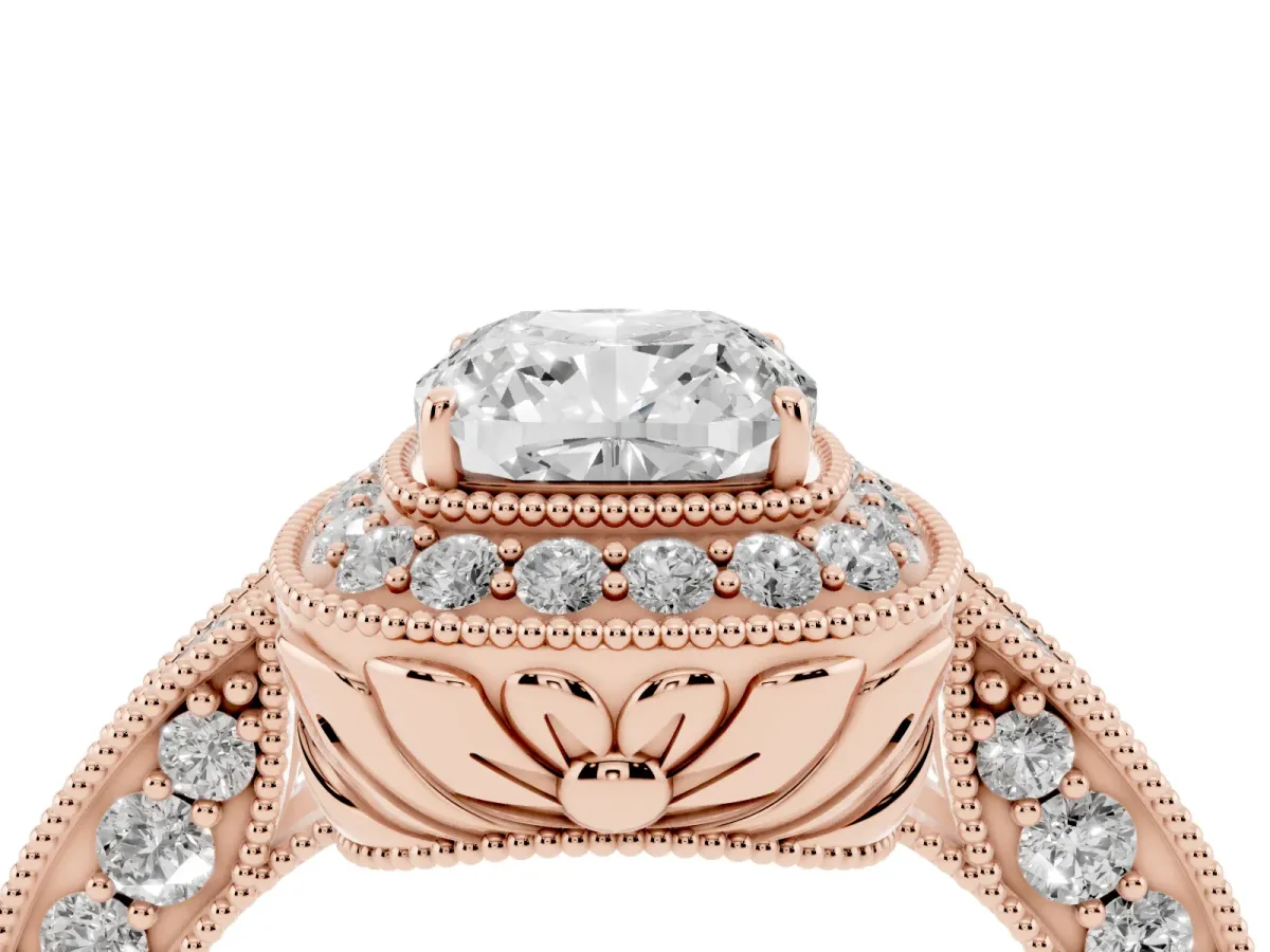 Cushion Cut Halo Diamond Split Shank Ring with Milgrain Detail Rose gold