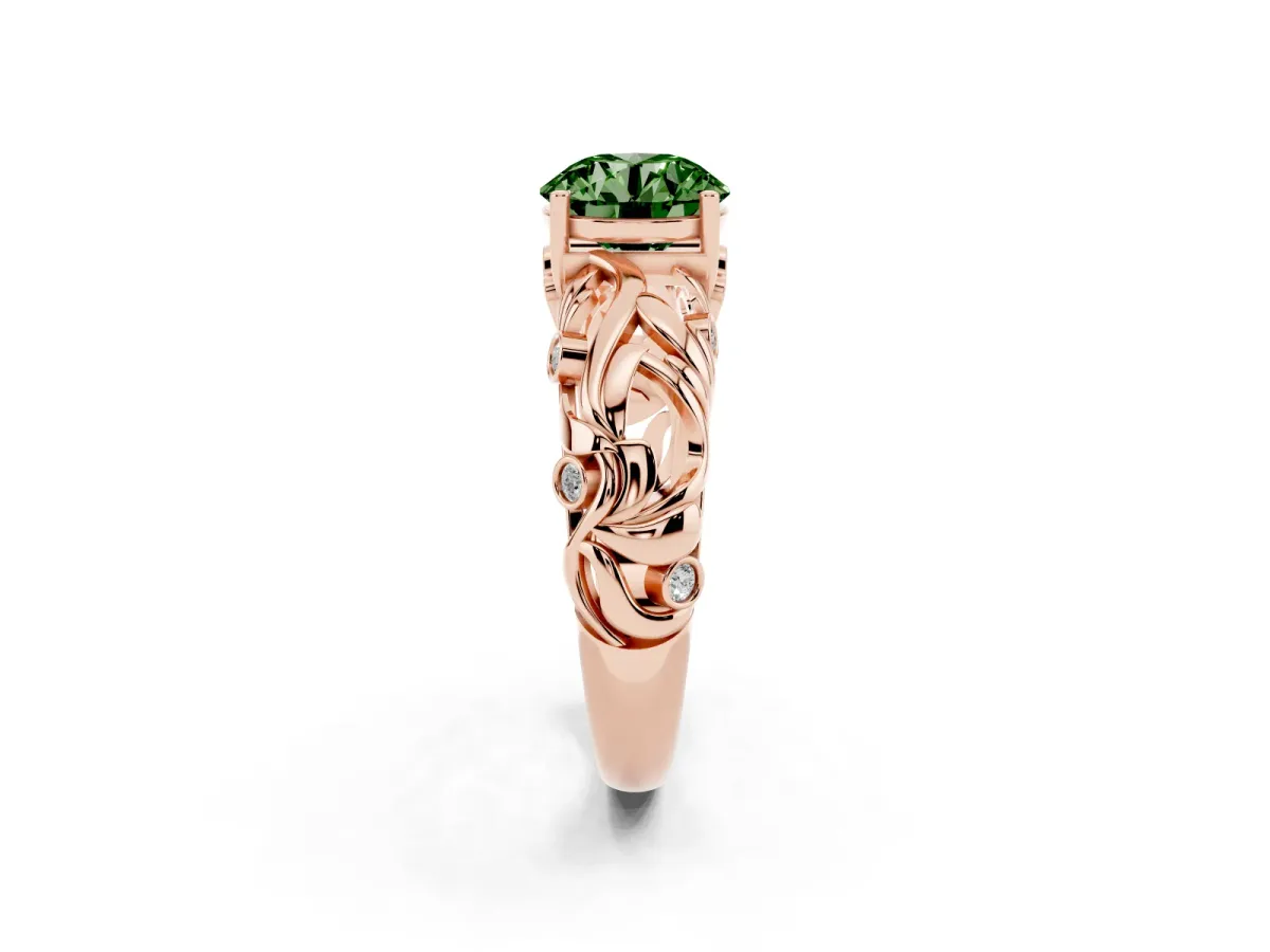 Fancy Green Round Cut Solitaire Diamond Leaf-Inspired Vine Band Ring with Prong Setting Rose gold