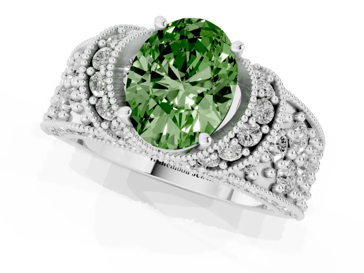 Fancy Green Oval Cut Halo Pave Diamond Engagement Ring with Milgrain Detailing Platinum