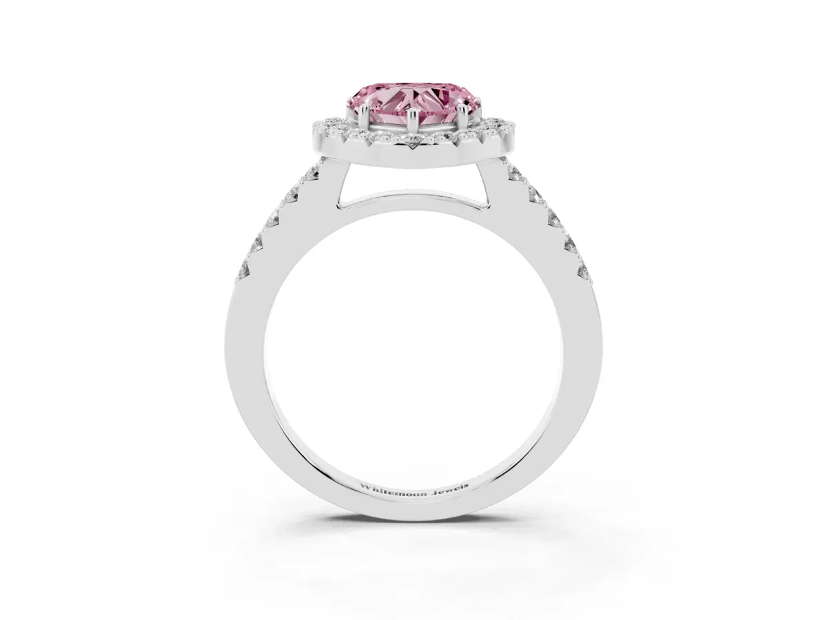 Fancy Pink Heart Cut Halo Diamond Pavé Solitaire Ring Silver