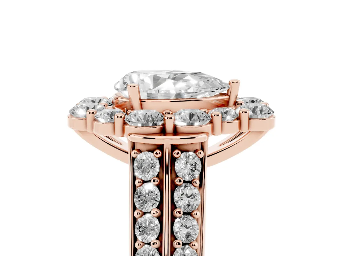 Pear Cut Halo Diamond Engagement Ring with Split Shank and Prong Setting Rose gold