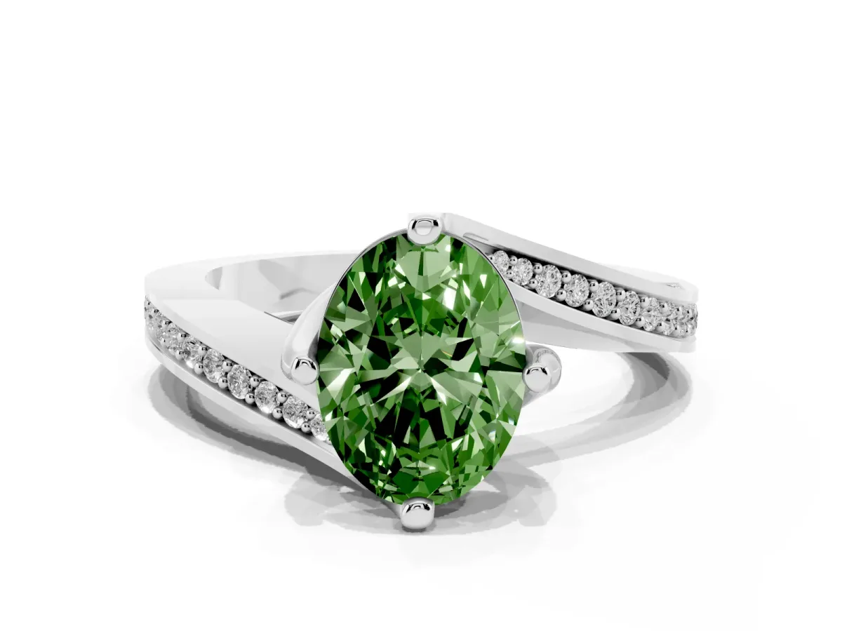 Fancy Green Oval Cut Solitaire Diamond Twist Band with Pavé Setting and Four-Prong Setting Silver