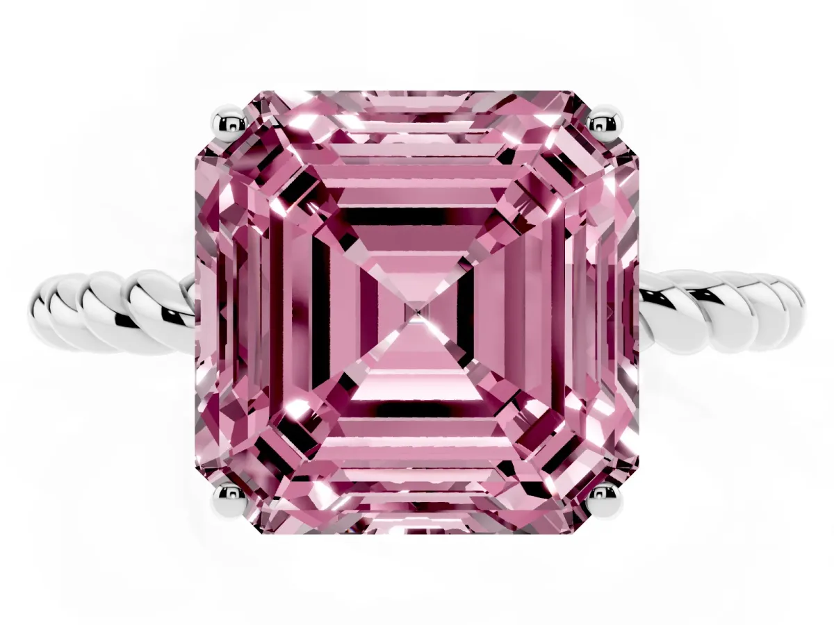 Fancy Pink Asscher Cut Solitaire Twist Band Ring with Four-Prong Setting Silver