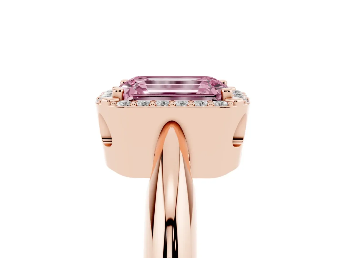 Fancy Pink Emerald Cut Cut Diamond Halo Engagement Ring with Split Shank and Four-Prong Setting Rose gold