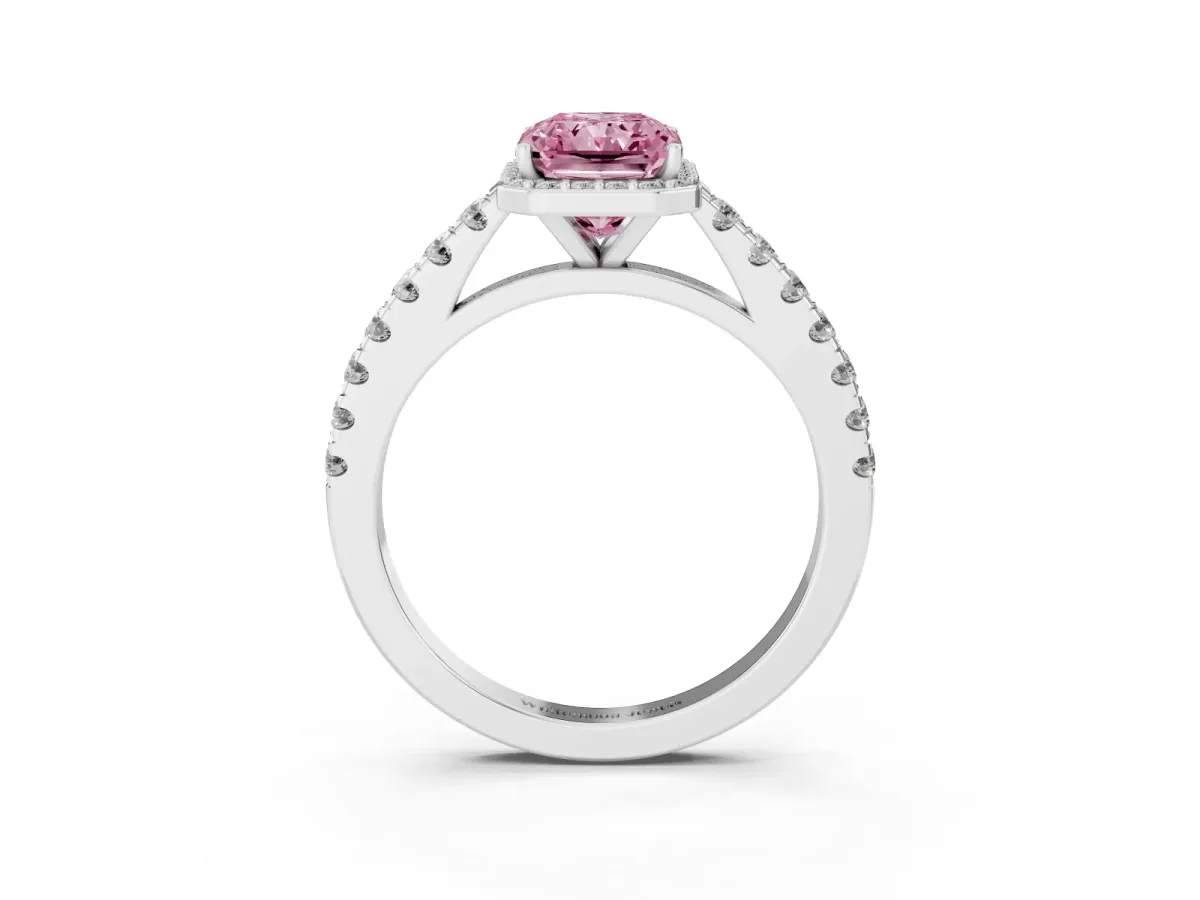 Fancy Pink Radiant Cut Cut Halo Diamond Engagement Ring with Pave Band and Four-Prong Setting Platinum