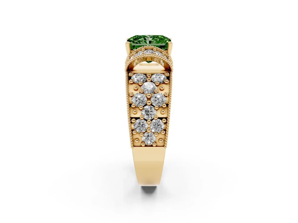 Fancy Green Radiant Cut Halo Pave Diamond Engagement Ring with Milgrain Detailing Yellow gold