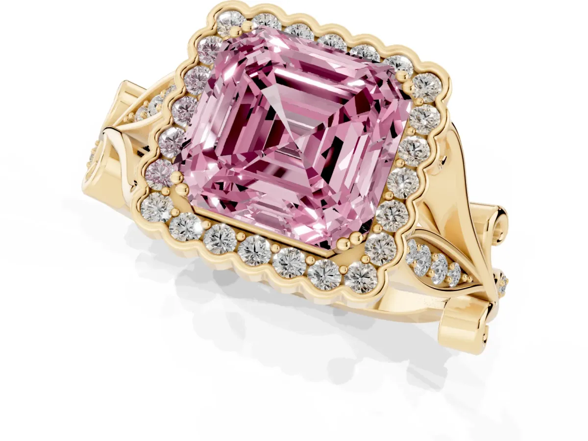 Fancy Pink Asscher Cut Diamond Halo Ring with Vintage Split Shank and Four-Prong Setting Yellow gold