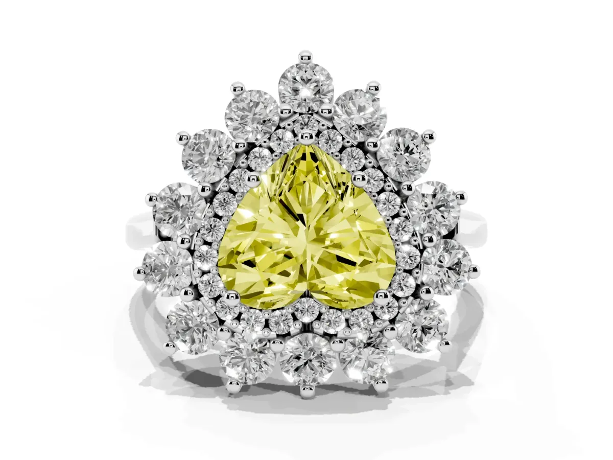 Fancy Yellow Heart Cut Diamond Floral Double Halo Engagement Ring with Prong Setting Silver