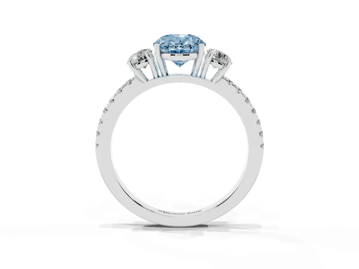 Fancy Blue Three-Stone Oval Cut Cut Diamond Pavé Band with Prong Setting Platinum