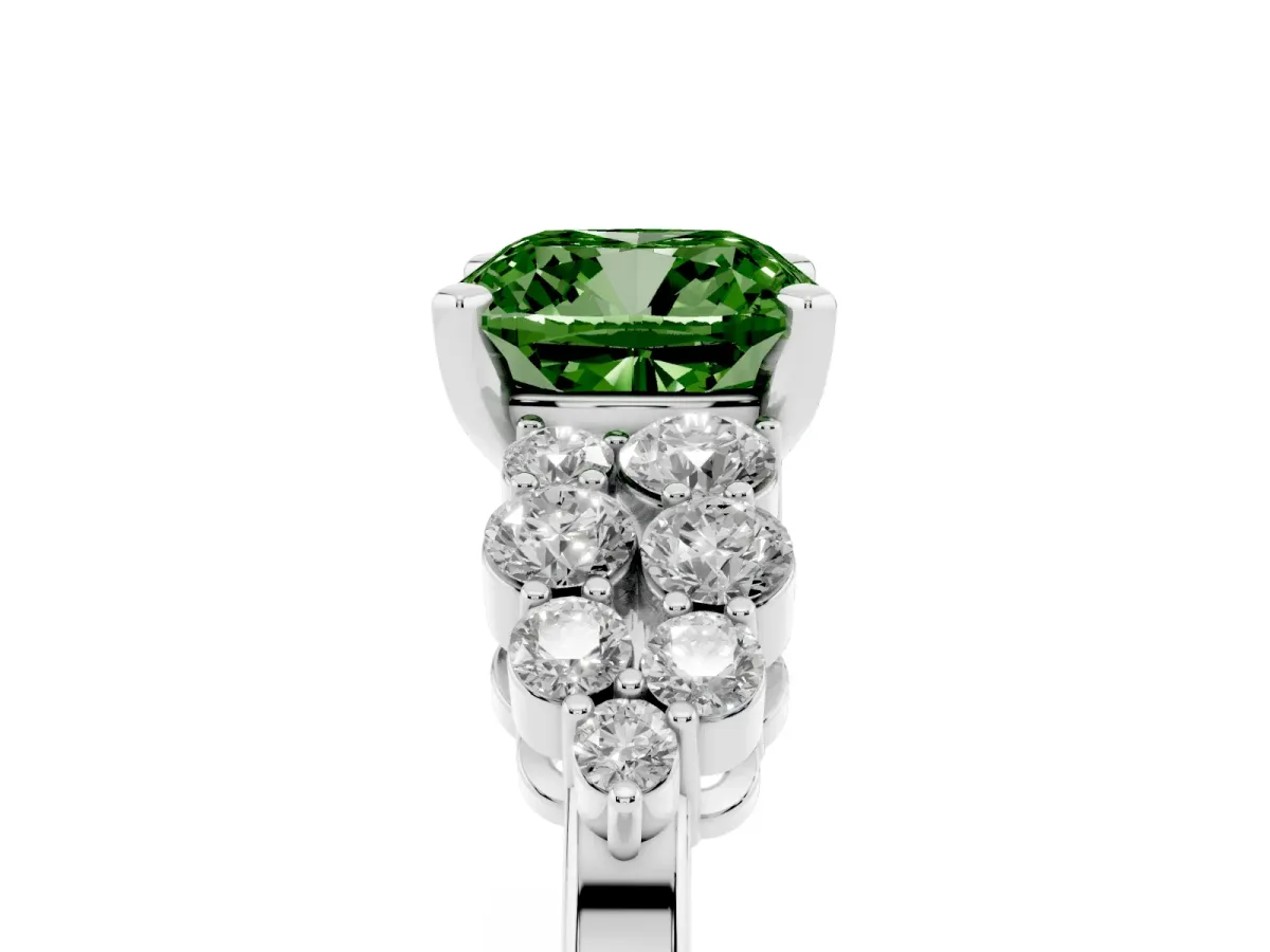 Fancy Green Cushion Cut Cluster Diamond Engagement Ring with Pavé Band and Four-Prong Setting Platinum